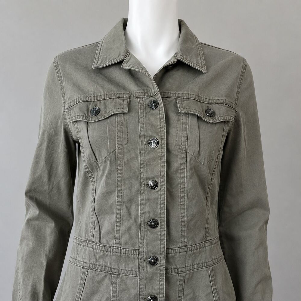 Vintage DKNY Jeans Womens Utility Jacket L Olive Green Fitted Peplum Y2K Vtg